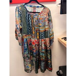 Johnny Was Blue Floral Silky Print Dress